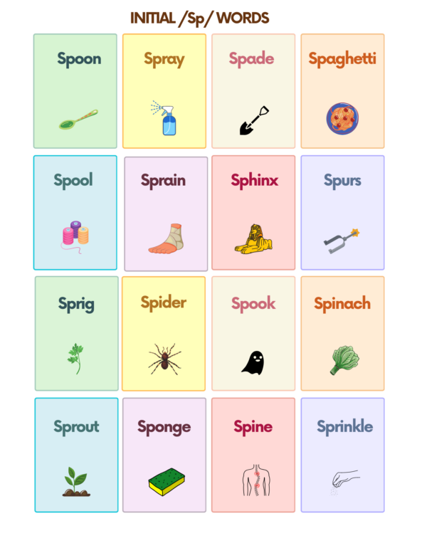 Free Sp Sound Articulation Words Flashcards For Speech Therapy