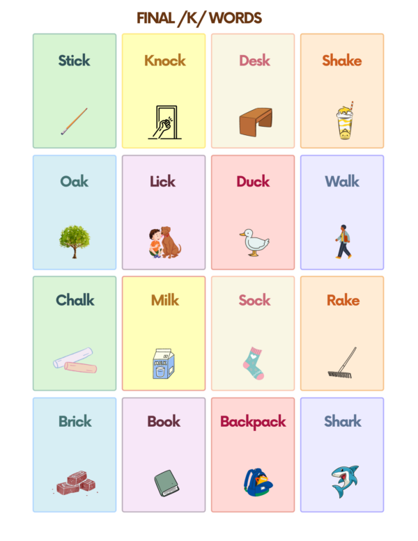 Free K Sound Articulation Words Flashcards for Speech Therapy | AutisticHub