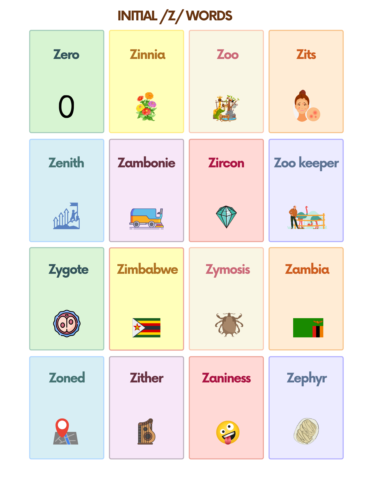 Free Z Sound Articulation Words Flashcards for Speech Therapy | AutisticHub